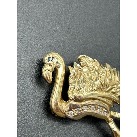 Vintage 14K Gold Flamingo Brooch Pendant Diamond Sapphire BIRD Estate Pin 3.33g - Picture 5 of 15